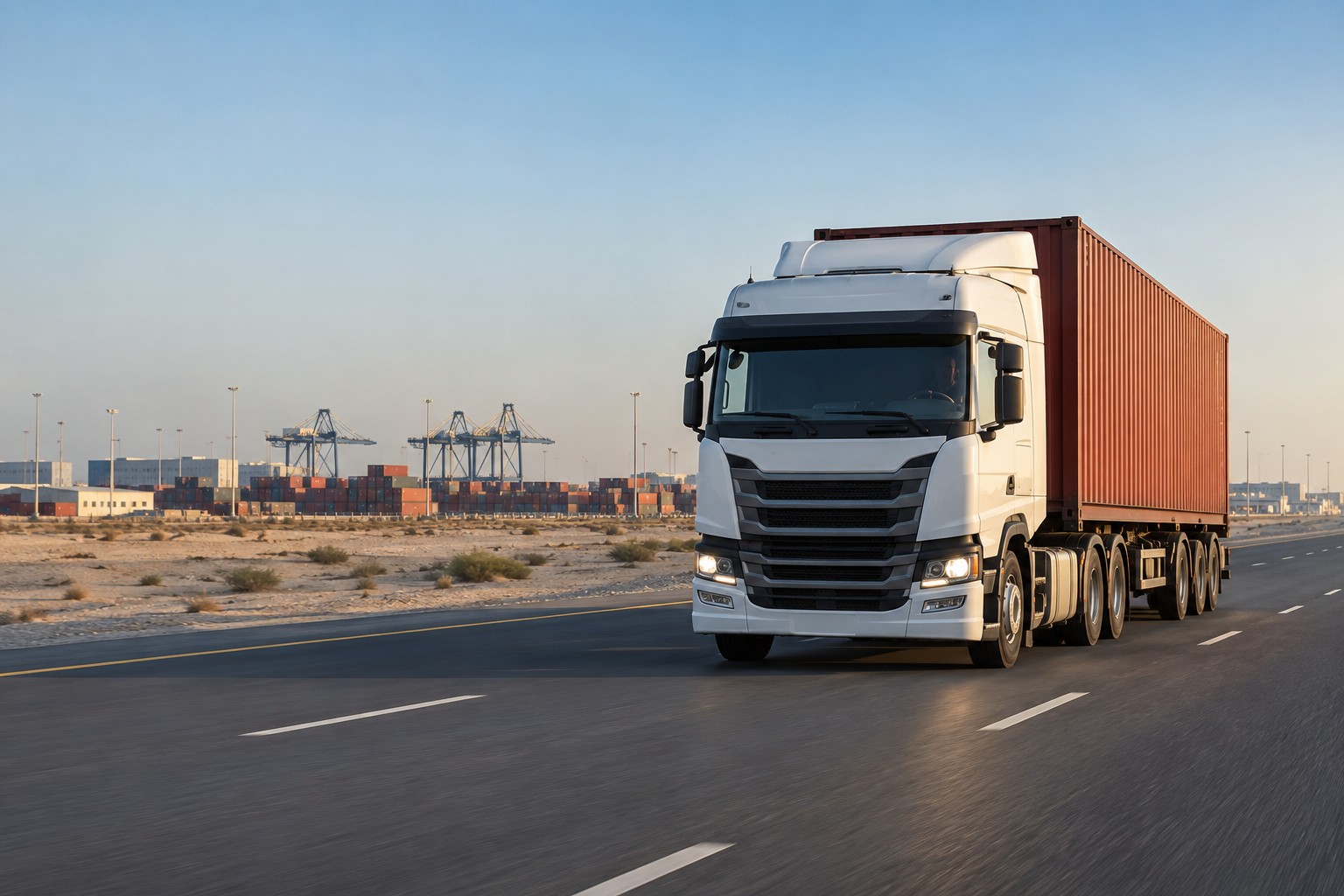 Container truck traveling along a highway